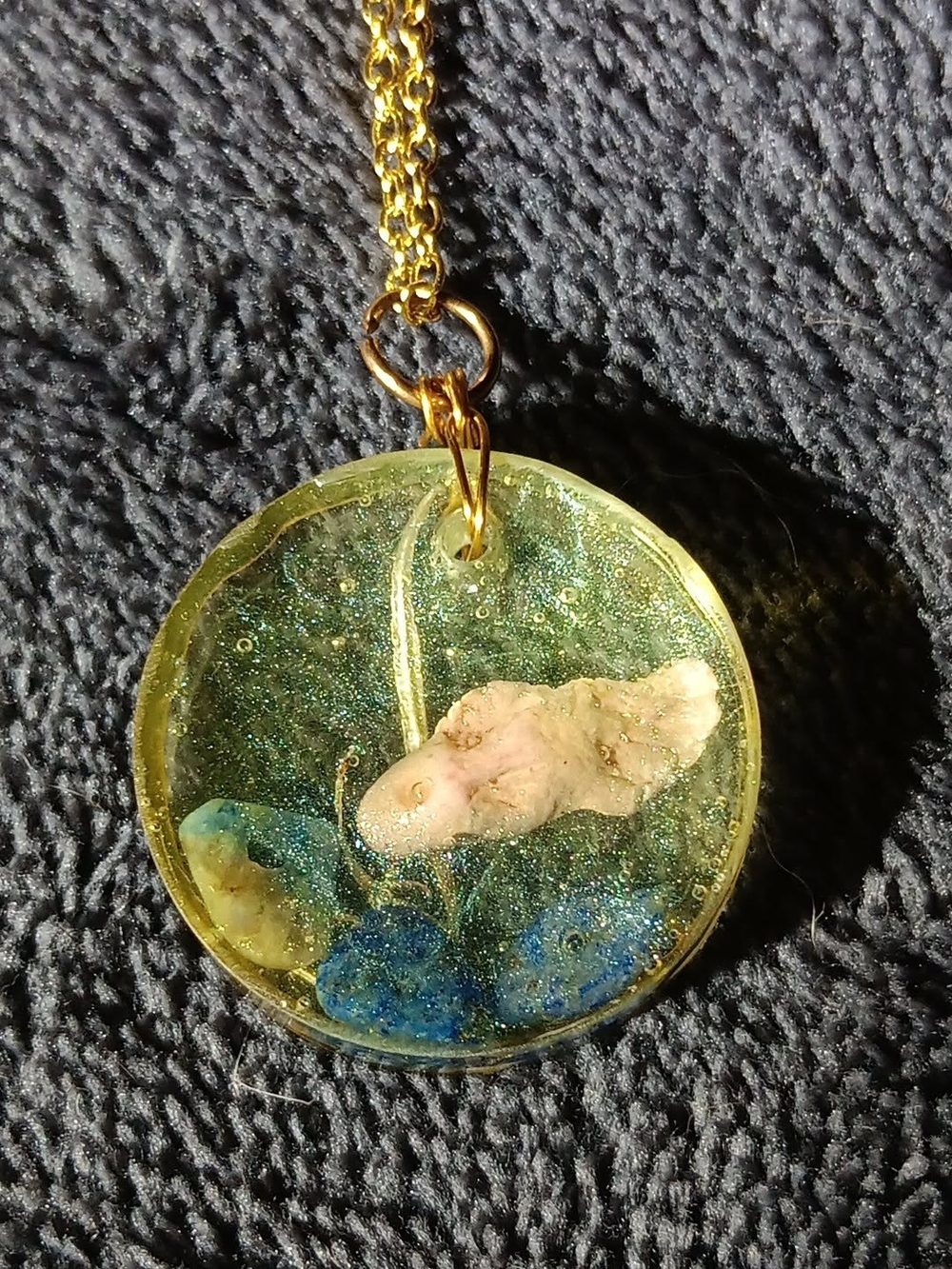 Handmade Resin Fish Tank Pendant Necklace Gold Chain Lapis Aquatic Ocean Jewlery